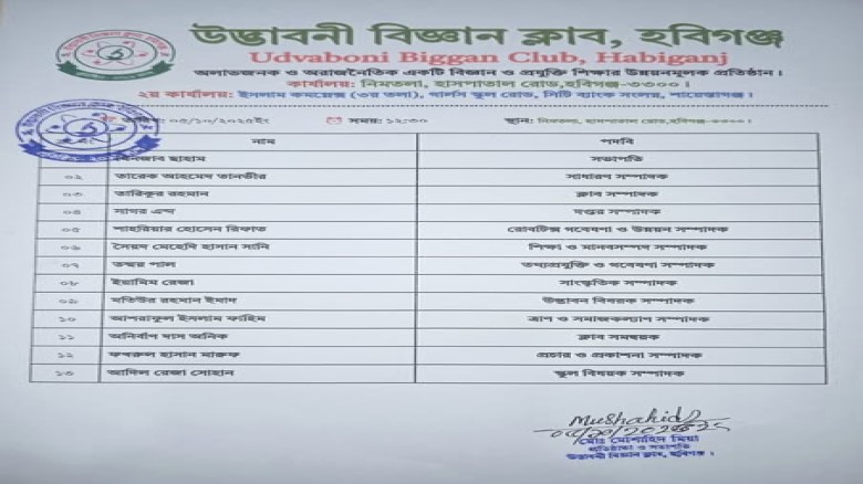 উদ্ভাবনী বিজ্ঞান ক্লাব, বাহুবল শাখার পূর্ণাঙ্গ কমিটি ঘোষণা
